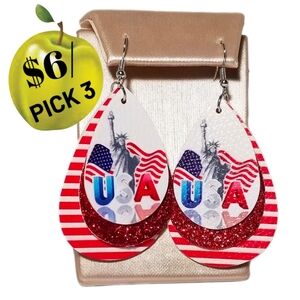 LADY LIBERTY PATRIOTIC  LEATHER & GLITTER EARRINGS RED